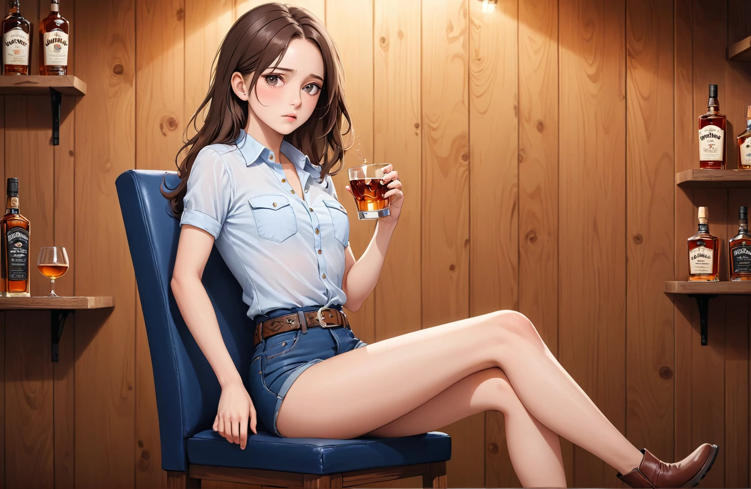 (((1 person:2.5))),(((NSFW:0.5))),(((Wear denim hot pants:1.5))),(((Wear a short-sleeved collared shirt:1.5))),(((Wear a gun belt with a holster:1.8))),,((Wear a watch on your wrist:1.5))),(((Showing cleavage))),(((Exposed thin inner thighs))),(((Small breasts:1.5))),(((Navel exposed:1.5))),(((Bare arms))),(((Put on your boots:1.5))),((Blushed:1.8)), Beautiful detailed girl, Very detailed目と顔, 緻密でBeautiful Eyes, Very detailed, High resolution, Highest quality, masterpiece, Very detailed, 8k wallpaper, wonderful, finely, Highest quality,(Standing in front of a wooden wall),Beautiful Eyes,((Engage your audience:1.5)),((Cowboy Shot:1.5))),((Front shot:1.2)),((Drinking whiskey:1.4)),(((Drunk:1.8))),(((Sit on a chair:1.2))),(((Crying face:0.6)))