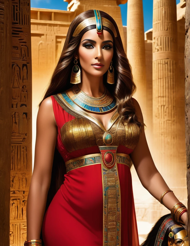 Cleopatra in her craft and her long light brown hair , 35 years of experience. His keen focus and intense gaze forward seem to pierce through the darkness of ancient Egypt, Revealing Hidden Truths and Mysteries. The intricate details of their traditional robes red and Brown are reproduced in stunning detail, while cinematic lighting adds a touch of drama to the scene. Esta imagem sobrenatural, Captured in 8K resolution, will leave you in awe of its beauty and depth elle a un maternelle 