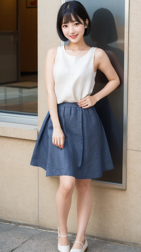 (8K, Photorealistic, Raw photo, Highest quality: 1.4),Japanese idol-style beautiful girl,1 person,18-year-old,(Short Bob),(Black Hair),She has her hair tucked behind her ears,Clear grey eyes,Long eyelashes,(piercings(small)),(Lip gloss),lips(Plump,glossy),thin long neck,(Sleeveless shirt(Linen fabric)),(flare skirt((Linen fabric),(Length that covers the ankles :1.2))),pumps,movie theatre,Date with boyfriend,Smiling at the camera,Full body portrait