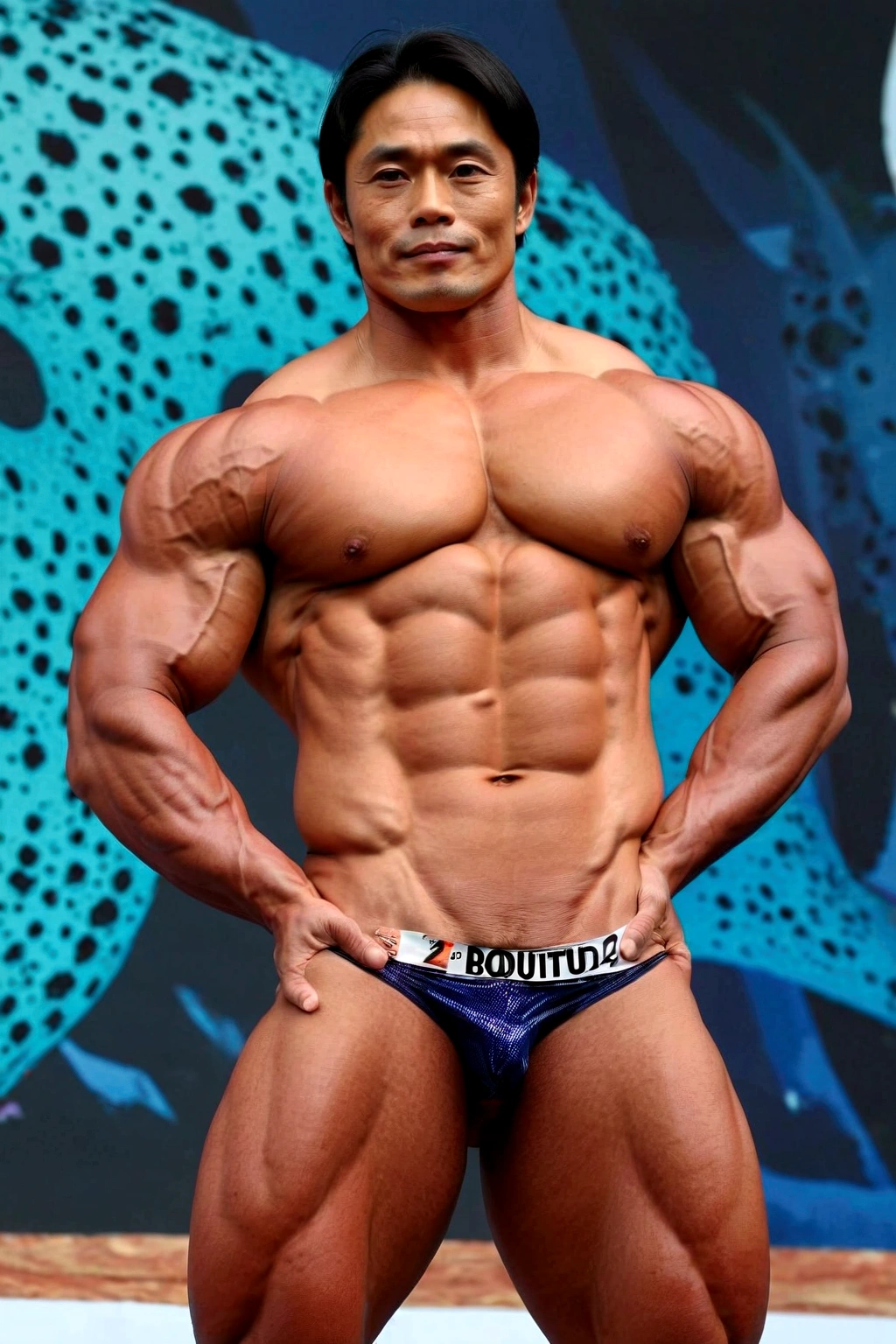 Naked men,Naked Japanese Bodybuilder,sunburn skin Black Japanese bodybuilder,,24yo,Oversized Big body,no body hair,naked,Very bulky Big underboobs, Skin with visible veins, medium length hair,A cinematic scene unfolds in 8k resolution, where in brig,(Gorilla-like face:0.6),Big Nose,(beautiful dick:1.4)(big dick:0.7)(Thick dick:0.7)(erect dick:1.7)(low length:1.2)nsfw、Strong sexual attraction、Sex symbol、Big eyes、Thick lips、Photos with clear people