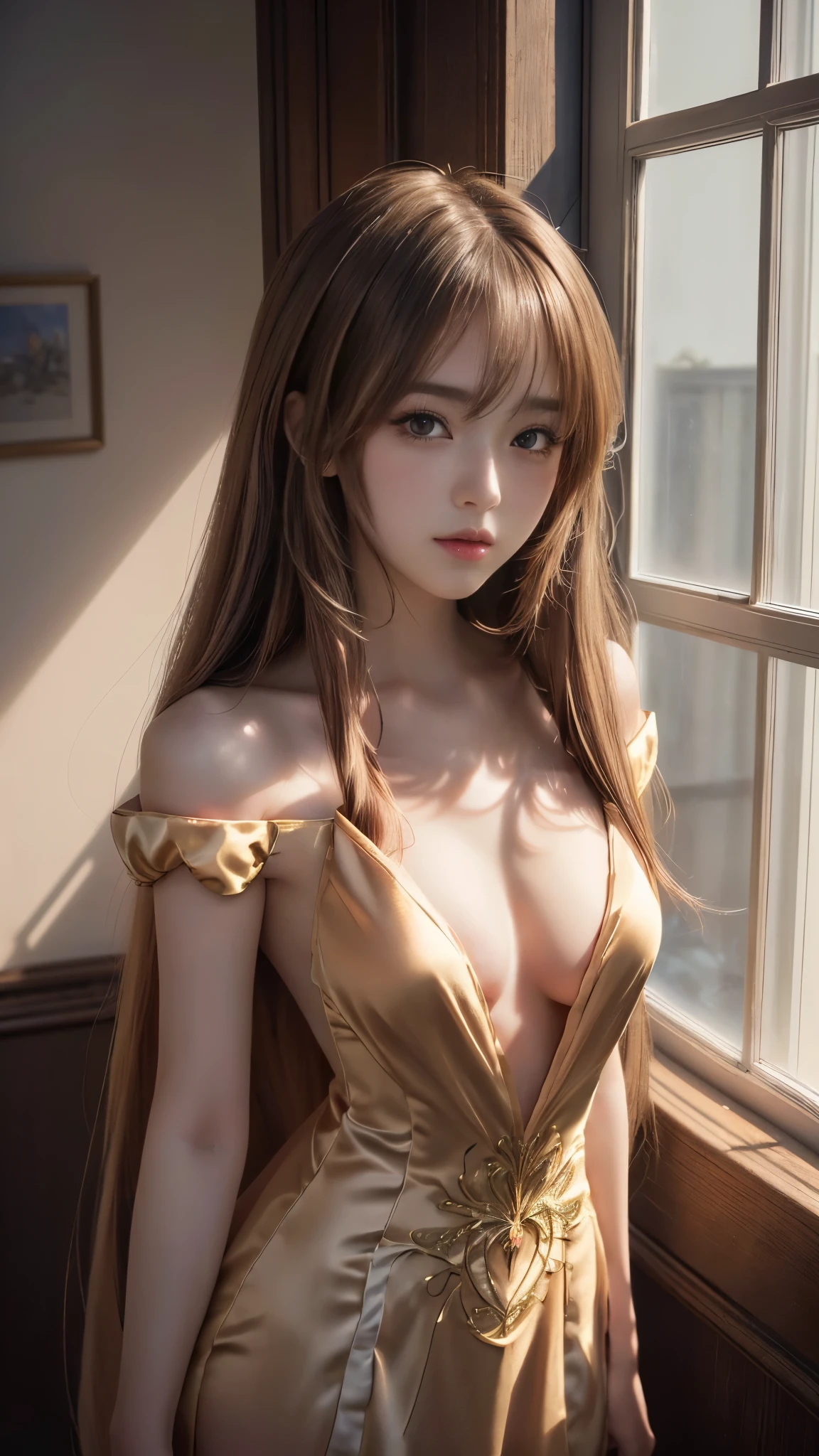 Anime girl with long hair standing in front of the window, Enchanting anime girl, Anime Girl Portrait, Smooth anime CG art, (Small beautiful breasts), Fascinating Cleavage, Beautiful Anime Girls, Detailed digital anime art, Attractive anime girl, (Almost nude costume:1.5), Painted in an anime artist&#39;s studio, Beautiful anime portraits, [ 4k digital art ]!!, Realistic anime art style, Anime Style 4k, Cute Anime Girl, Digital anime illustration, (Detailed eyes and face:1.3, Professional photography techniques), (Highest quality, 8K, masterpiece:1.2, RAW Photos), (Gaze at the viewer:1.2, Sexy expression:1.3, blush:1.2), (Photorealism:1.4), (Detailed hands), ((A beautiful girl, Baby Face:1.5, Idol Face)), (((Underwear and bra are visible:1.2)))