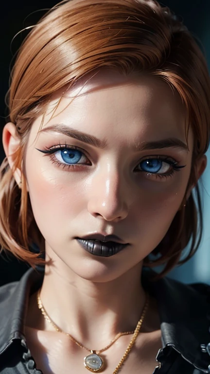 ((Best Quality: 1.5)) ((Masterpiece: 0.8)), intricate details, sharp focus, professional, real life, realistic facial representation, dim volumetric lighting, dynamic pose, in the style of the realistic and hyper-detailed representations BREAK (detailed 30 year old android woman, (((opaque gothic eye makeup, portrait) ice blue eyes, short ginger hair, shaved sides), determined expression)), photorealistic, Hyper realistic, 8k