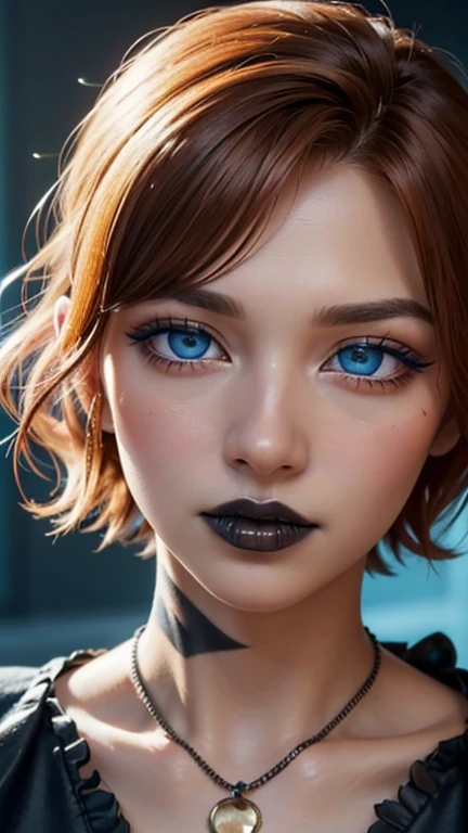 ((Best Quality: 1.5)) ((Masterpiece: 0.8)), intricate details, sharp focus, professional, real life, realistic facial representation, dim volumetric lighting, dynamic pose, in the style of the realistic and hyper-detailed representations BREAK (detailed 30 year old android woman, (((opaque gothic eye makeup, portrait) ice blue eyes, short ginger hair, shaved sides), determined expression)), photorealistic, Hyper realistic, 8k