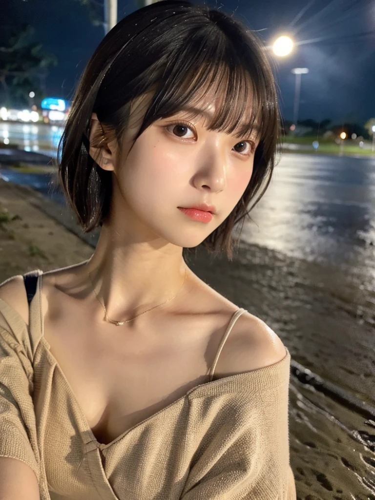 Highest quality,RAW Photos , 19 year old Japanese female idol, From above , Face Focus , Face close-up ,
Selfie,Lying on the ground, ((Off-the-shoulder tops , Cold shoulder top , clavicle , Expose your shoulders ,Cleavage ,))short hair, Bowl Cut ,Cute face ,Edgy,Drooping ,clavicle,Muddy water , Overflowing ,Wet ,Selfie, Pale skin,At the Beach, rain,night,