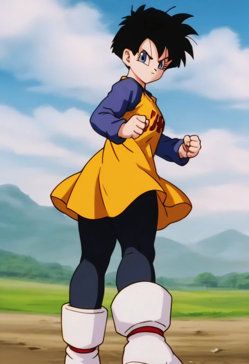 source_anime, score_9, score_8_up, score_7_up, anime screencap,8k, absurd res,
videl, 1girl, solo, looking at viewer, short hair, blue eyes, shirt, black hair, long sleeves, boots, outdoors, sky, day, cloud, blue sky, clothes writing, yellow dress, white footwear, text print, spiked hair, v-shaped eyebrows, from below, dress over shirt, clenched hands, blue shirt, black tights, print dress, midair, floating, Big ass
