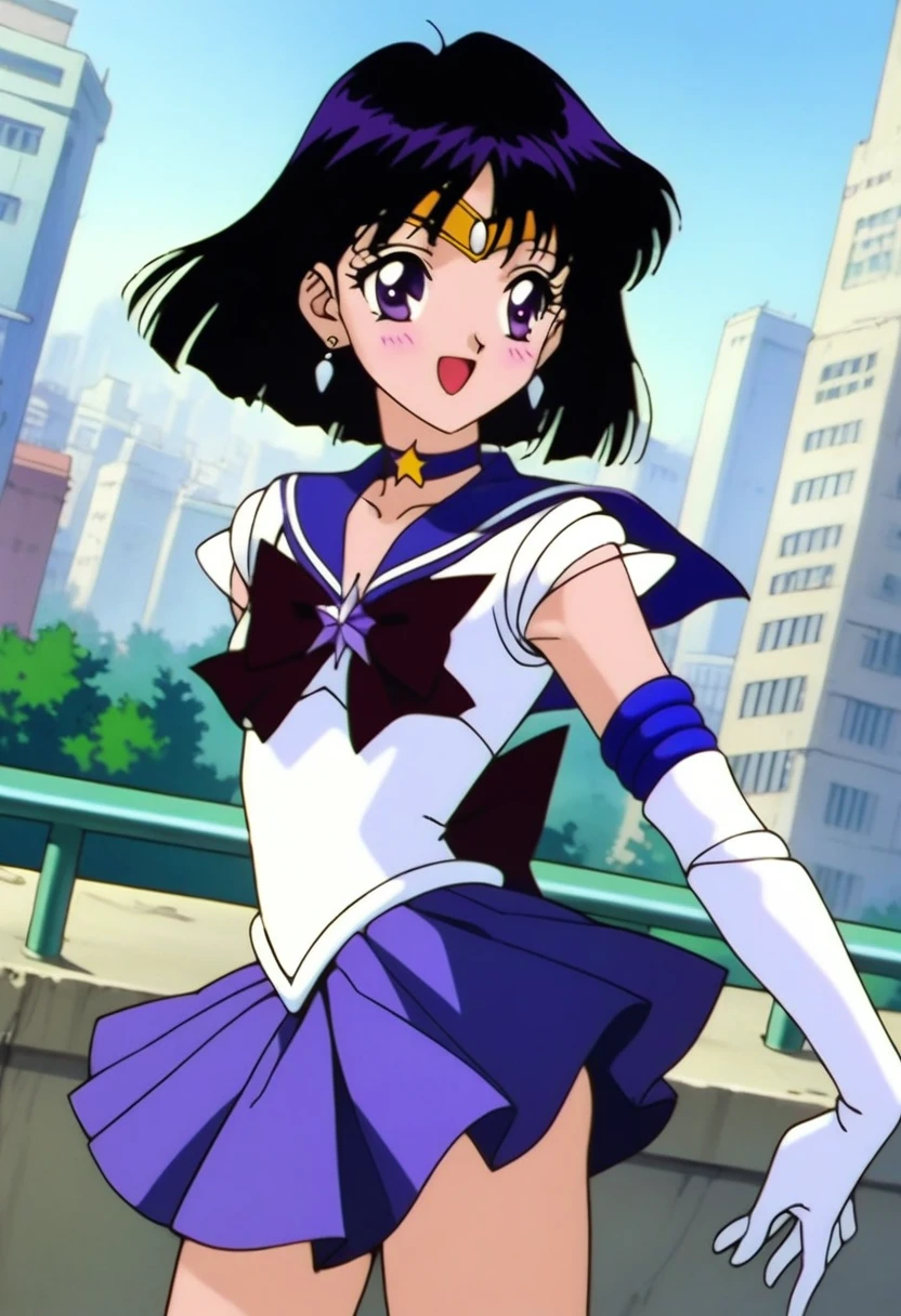 masterpiece, best quality, very aesthetic, absurdres, Sailor Saturn XL, 1990s \(style\), anime artwork, anime style, perfect face, perfect composition, moist skin, intricate details, beautiful detailed eyes, BREAK 1girl, solo, teen, short hair, black hair, purple eyes, flat chest, skinny, sailor senshi uniform, purple sailor collar, tiara, earrings, jewelry, star choker, star brooch, bowtie, back bow, white elbow gloves, purple miniskirt, shiny clothes, BREAK looking away, smile, blush, open mouth, (model pose:1.2), cameltoe, pose, white leotard, (pantyshot:1.2), wind lift, outdoors, city, wind, dutch angle,