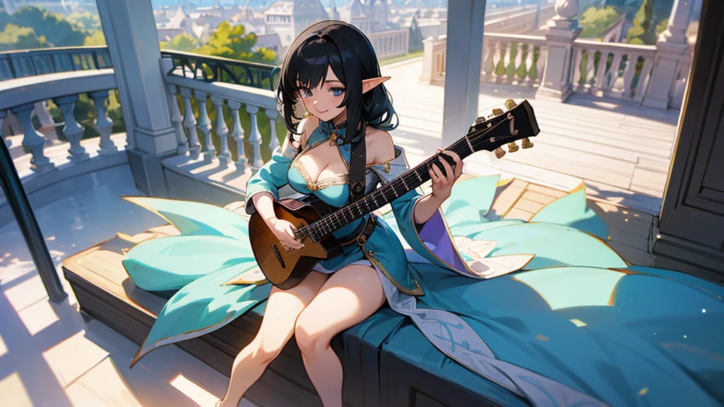 Anime Style,Detailed background,Magical World,A lively balcony with many people,A beautiful elf bard with black hair and a smile,guitar,Big cleavage,Healthy thighs,Underarm,Barefoot
