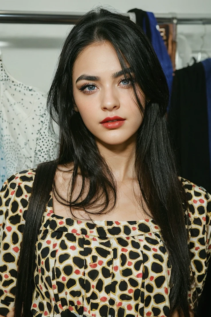 Make a girl black hair , with eyes blue like the sky ,marked jaw ,thin red lips ,intimidating eyebrows .