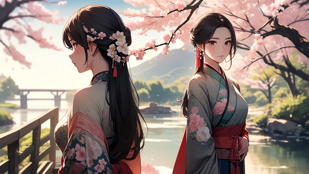 A woman stands with her back under a peach blossom tree rising next to a river., Imperial Hanfu costume, overflowing flowers, distant view ((background:1.8))
