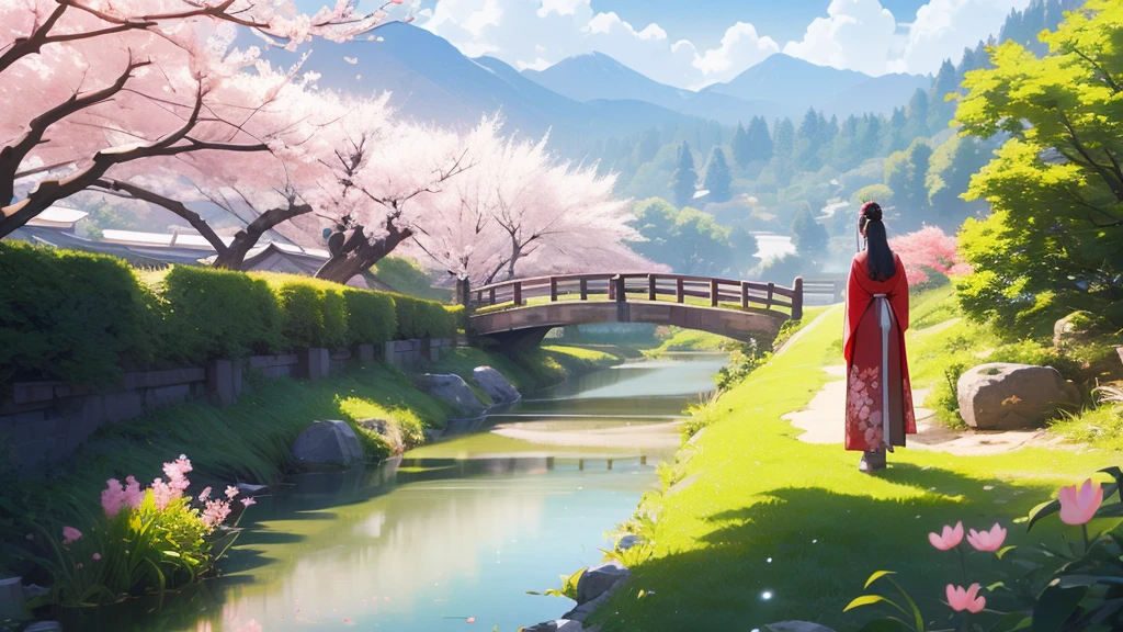 A woman stands with her back under a peach blossom tree rising next to a river., Imperial Hanfu costume, overflowing flowers, distant view  ((background:1.8))
