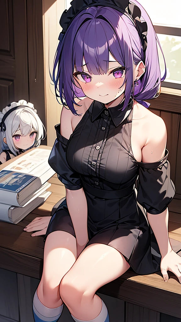 最high quality, high quality, Super detailed, 32k, Ultra-detailed details, 2 girls, With maid(only, The cute face of my little sister that I stole from her, beautiful purple hair, Beautiful purple eyes, Big Breasts, A light smile, Red eyes, Off-the-shoulder sleeveless Summer clothes, Summer casual maid clothes, Short skirt, Blue and white color striped underwear, Black knee socks, My crotch is wet with love juice, 18-year-old,cute),  Sister with her face peeled off(only, 13 years old, A grotesque face with the skin peeled off, Facial muscles are fully exposed, Chest is medium, , Lady), {{The maid had a terrible burn on her face and was lamenting it when her master&#39;s sister used her power to rip the face off and stick it onto the maid&#39;s face, taking on the sister&#39;s face.、The maid is happy and the sister is dead}}, The maid is a mature cute face and the sister has no face. The maid is standing., My sister sits in a chair, Brother witnesses the face-stealing incident, NSFW
