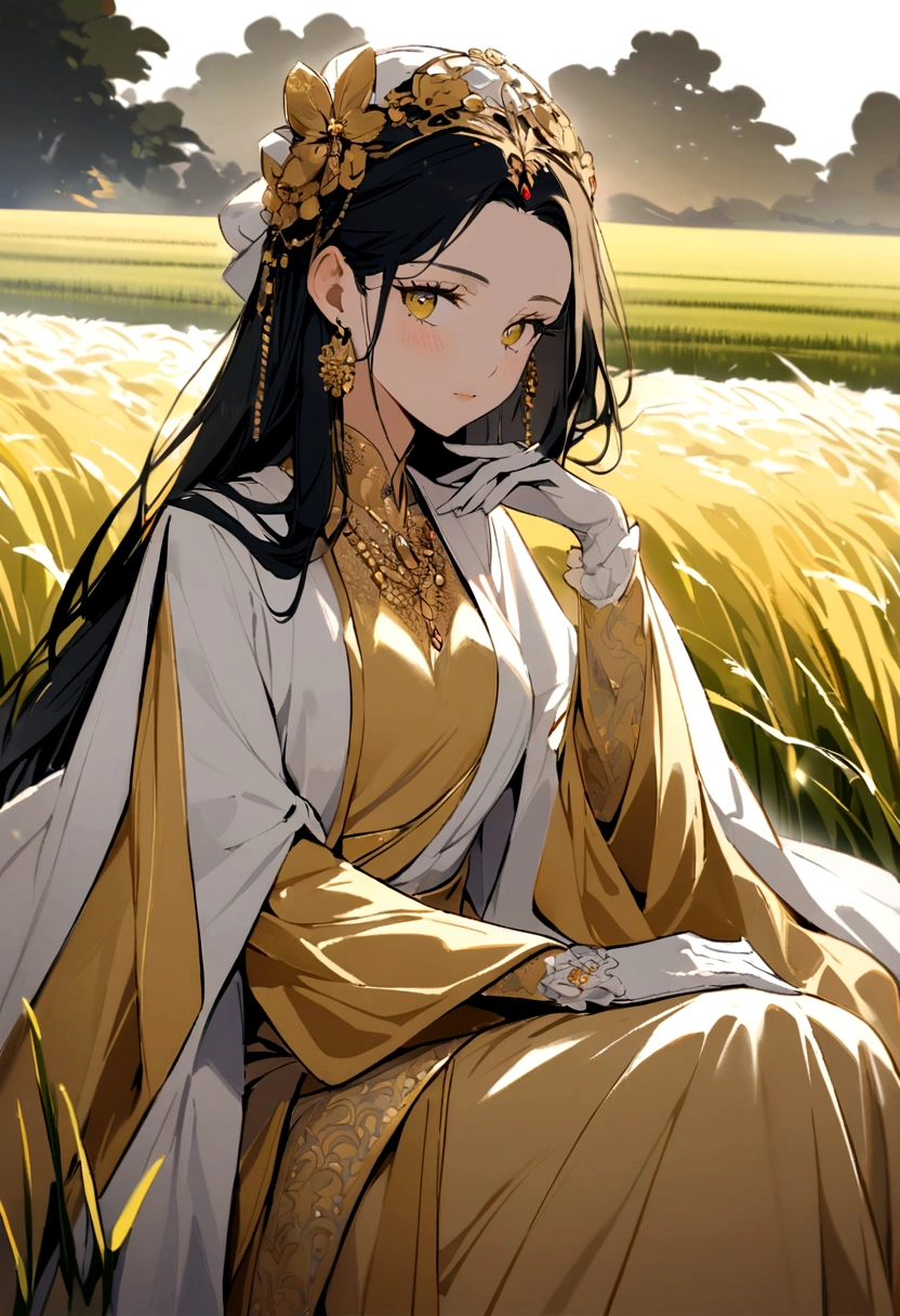 A woman is elegant, beautiful, rich, sitting, straight-faced, behind is a rice field. The color tone of the picture is bright gold.