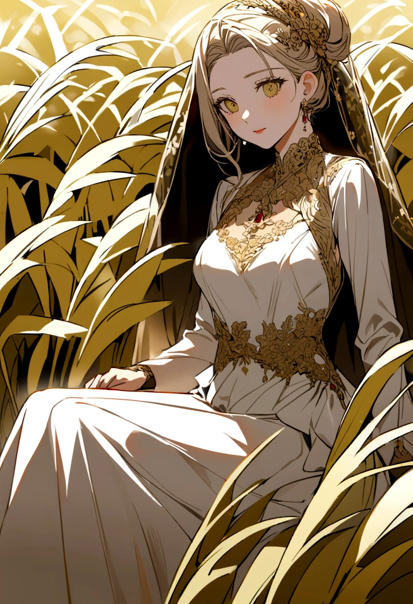 A woman is elegant, beautiful, rich, sitting, straight-faced, behind is a rice field. The color tone of the picture is bright gold.