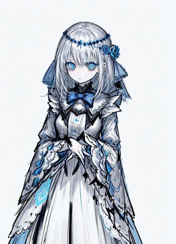 1girl, white hair, blue eye ,blue rose, blue bow, grey noble dress ,pale skin,
(high resolution, high detail, best quality), mysterious, elegant, shy