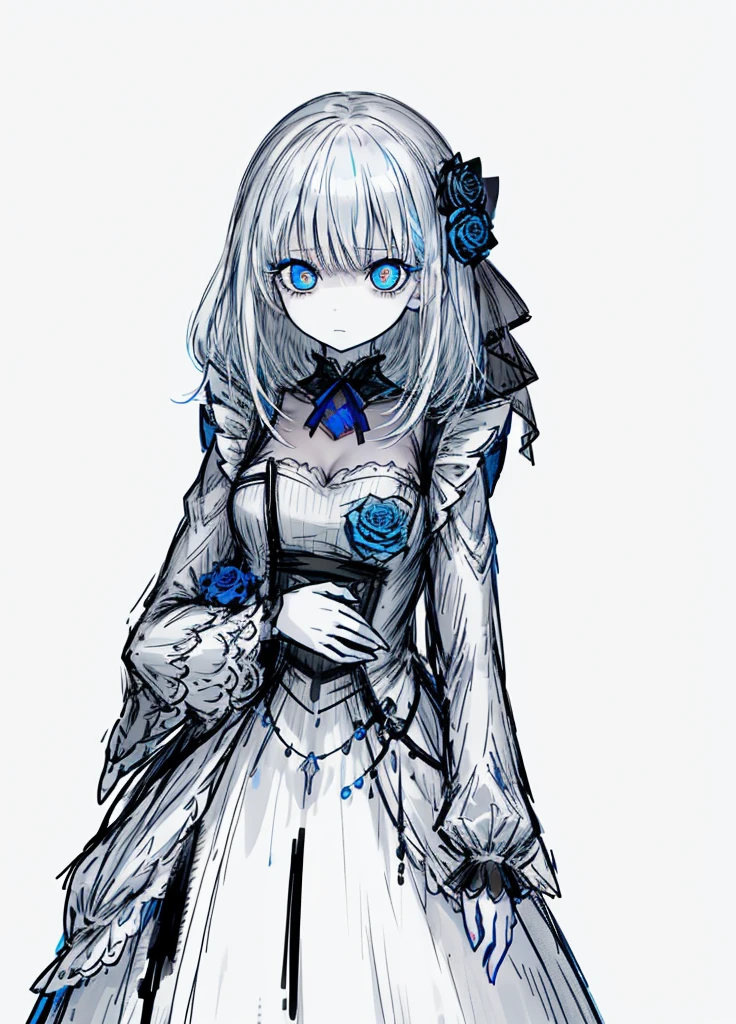 1girl, white hair, blue eye ,blue rose, blue bow, grey noble dress ,pale skin,
(high resolution, high detail, best quality), mysterious, elegant, shy