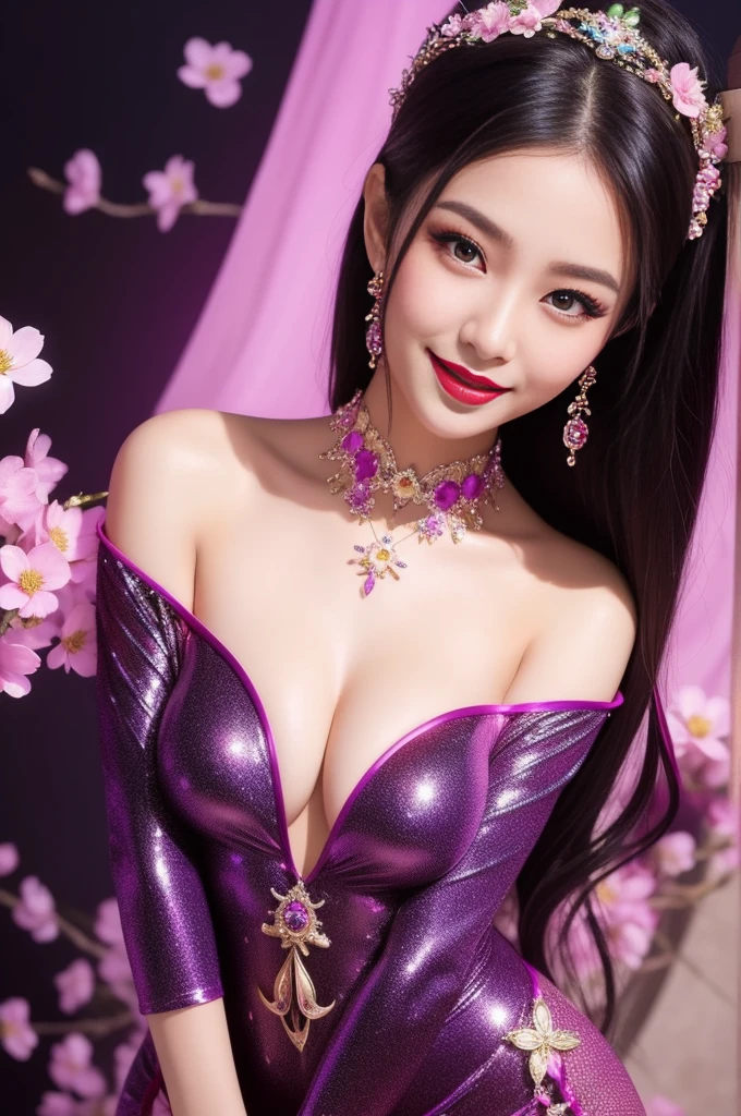 sexy Thai model who controls poison、beautiful smile、lip-gloss、bold lipstick、intense makeup、look at the camera、full body Esbian、、sparkling poisoned flower costume、、、、sparkling Colorful hair、secrete poison、skull hair accessories、sexy tights、shiny sparkling flowers background