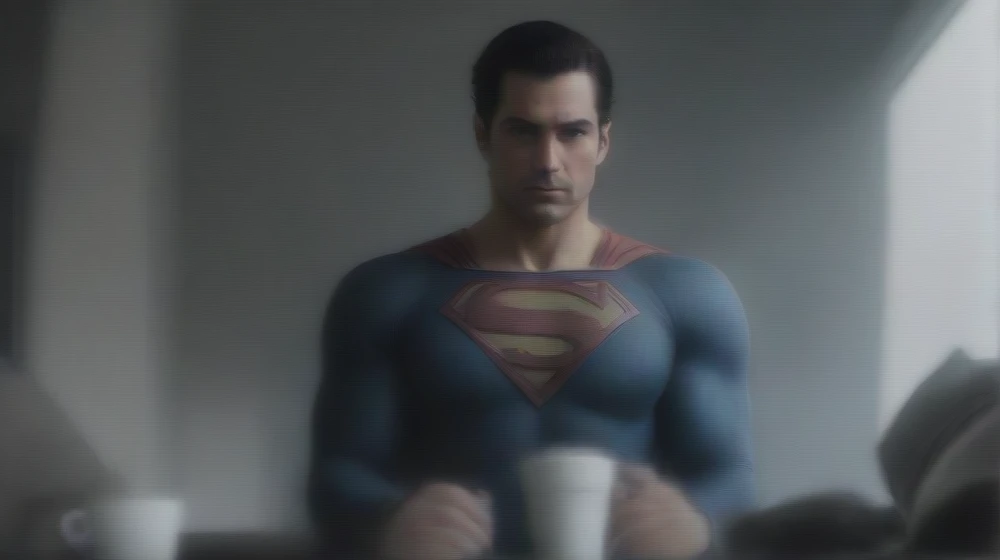 by Clayton Crain, (superman) in a boring office, looming, (staring out window:1.2), holding a coffee mug, desk, (dangerous, mysterious, powerful, extremely beautiful:1.4), (intricate details, masterpiece, best quality:1.4) , in the style of nicola samori, Astral Aura, astral, colorful aura, vibrant energy, looking at viewer 