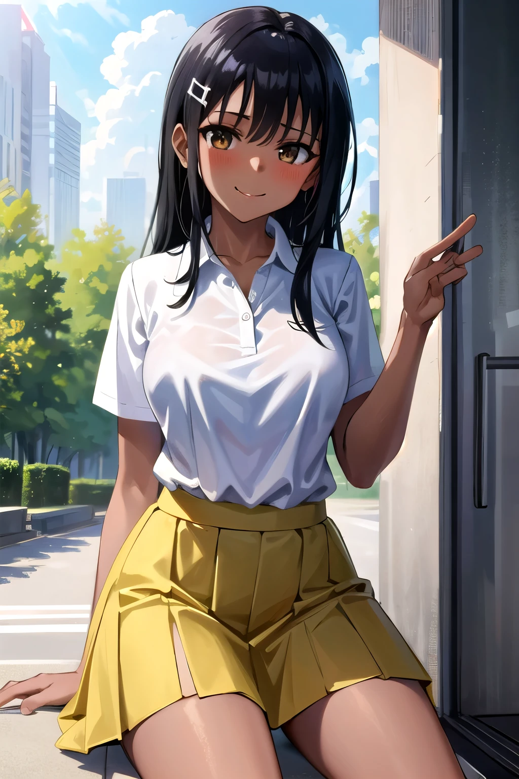 ((best quality)), ((masterpiece)), (details), one girl, sexy ((best quality)), ((masterpiece)), (details), one girl, sexy ((best quality)), ((masterpiece)), (details), one girl, full body,it's_nagatoro_main, Nagatoro Hayase, one girl, blushing, one person, uniform white polo shirt, black hair, brown eyes, hair accessory, looking at viewer, hair clip, smiling, long hair, dark skinned woman, dark skin, , bangs, daytime, skirt, collared shirt, collarbone, ear clip, mouth closed, tree, asymmetrical bangs, upper body