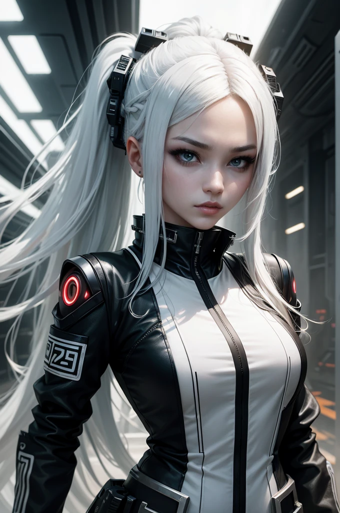 cyber punk style, long whitr hair, Danfeng Eyes, Industrial punk style，Semi-mechanized，head portrait，ethnic dress，whaite hair，high ponytails，Black and white bicolor