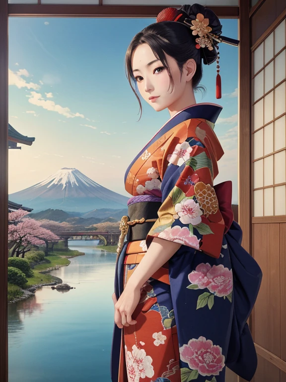 (Highest quality、masterpiece、High resolution、8K)、Vibrant colors、Ukiyo-e、Utamaro、Kimono Beauty、river、Mount Fuji in the distance、Japanese Landscape、Official Art、