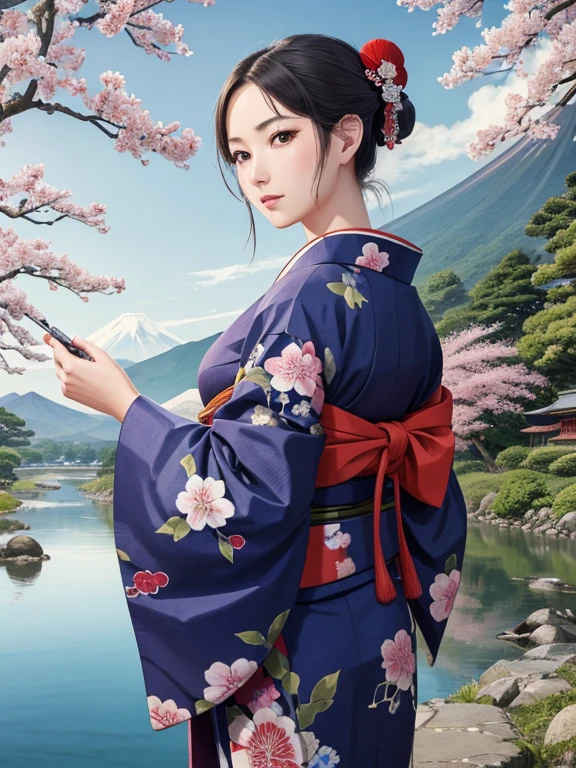 (Highest quality、masterpiece、High resolution、8K)、Vibrant colors、Ukiyo-e、Utamaro、Kimono Beauty、river、Mount Fuji in the distance、Japanese Landscape、Official Art、