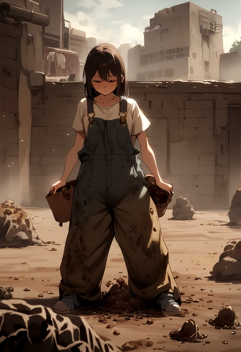 girl poop in overalls (poop in overalls()) Her overalls is covered with shit. ((overalls is covered with poop))