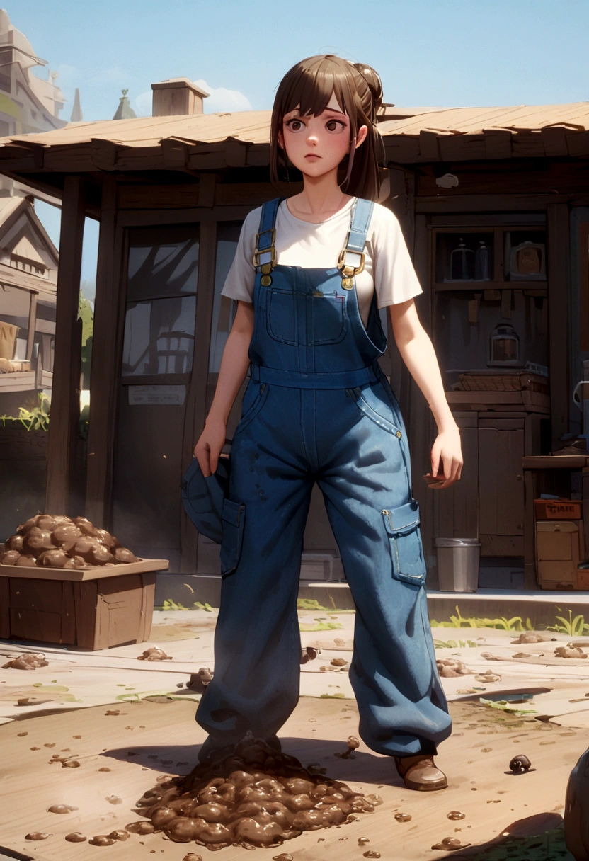 girl poop in overalls (poop in overalls()) Her overalls is covered with shit. ((overalls is covered with poop))