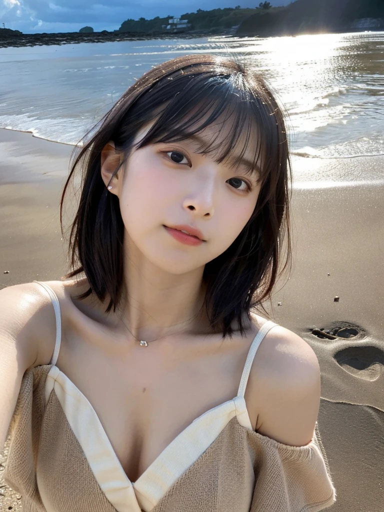 Highest quality,RAW Photos , 19 year old Japanese female idol, From above , Face Focus , Face close-up ,
Selfie,Lying on the ground, ((Off-the-shoulder tops , Cold shoulder top , clavicle , Expose your shoulders ,Cleavage ,))short hair, Bowl Cut ,Cute face ,Edgy,Drooping ,clavicle,Muddy water , Overflowing ,Wet ,Selfie, Pale skin,At the Beach, rain,night,