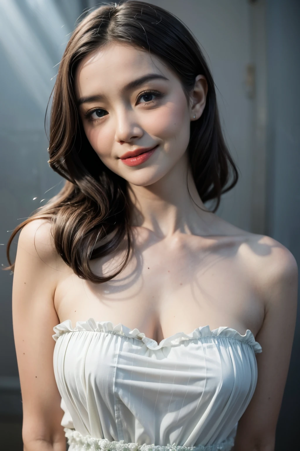 (Old Lady:1.7), Transparent transparency, (Light Green Chubby Strapless Dress), adorable, 1 girl, (face to face), 10 years old, baby face, happy, medium body portrait, (face details: 1), (eye details:1), ((big breasts)). wearing transparent transparency long shirt, .. Cute posed. proportional body. Ultra High Res. realistic: 1.4, UHD, poke a bun Hairstyle , lace 