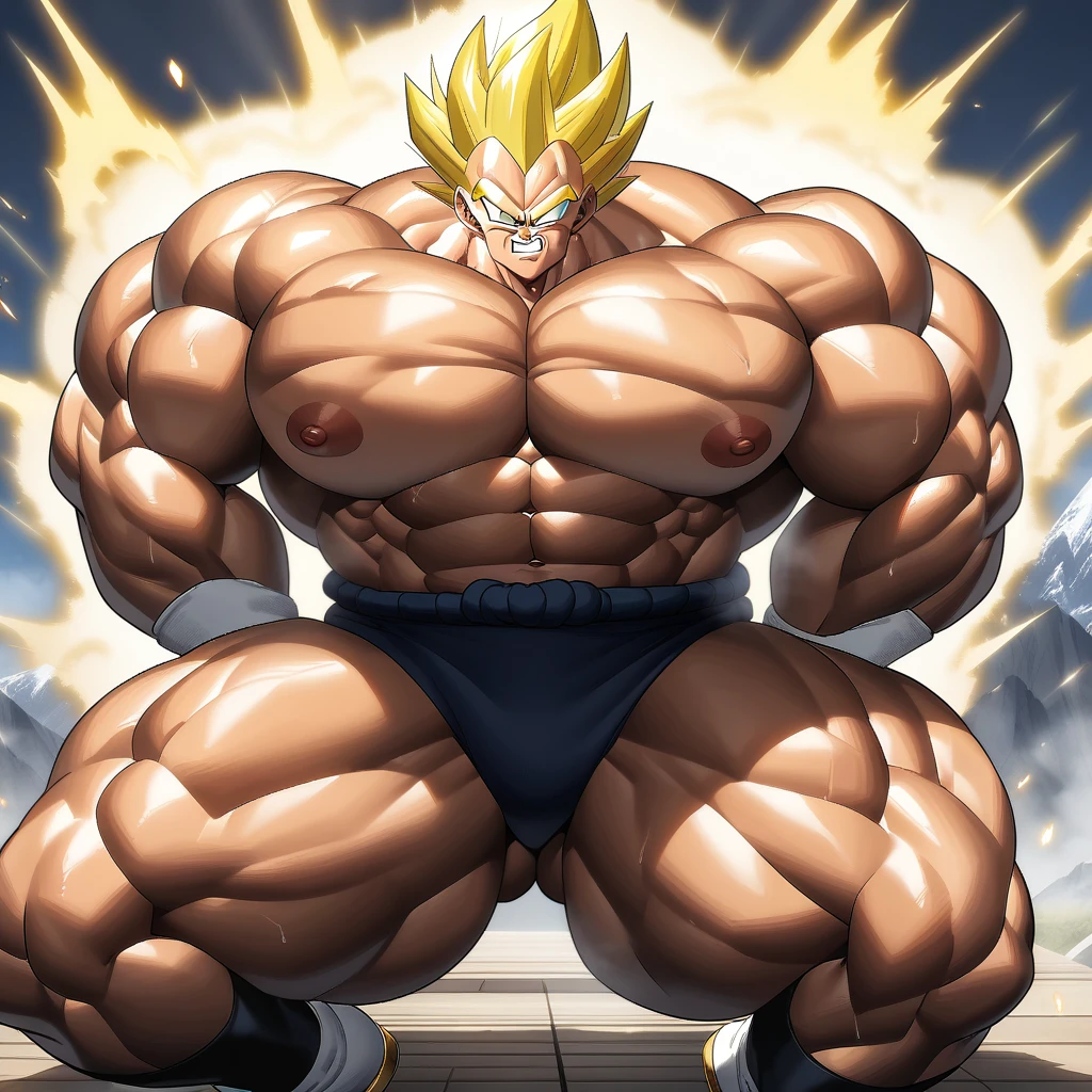 1boy, Vegeta, from Dragon Ball Z, saiyan, (yellow hair:2), spiked hair, green eyes, blue skintight pants, white gloves, white boots with brown tips, good posture, shirtless, nipples, abs, sumo squat, powering up stance, (huge muscles:3), huge pectorals, yellow aura, electricity, (dragonballartstyle:1.2), (in the style of Akira Toriyama:1.2), white tiled floor, outdoors, flat-top mountains, Extreme Wide Shot, masterpiece, best quality, very aesthetic, absurdres, day light, (sumo squat:1.5), (in center of image: 2), (move character two steps back:2), huge arms