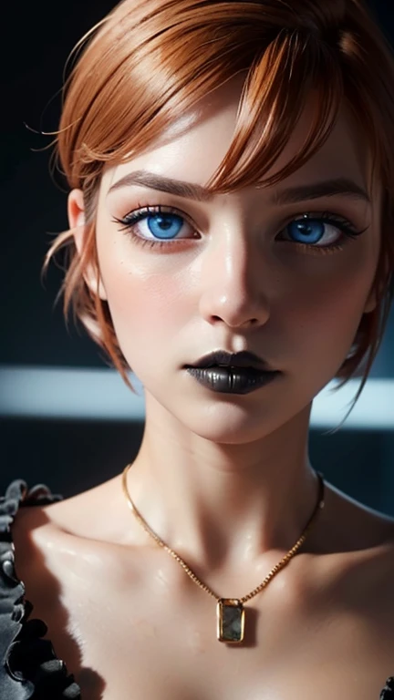 ((Best Quality: 1.5)) ((Masterpiece: 0.8)), intricate details, sharp focus, professional, real life, realistic facial representation, dim volumetric lighting, dynamic pose, in the style of the realistic and hyper-detailed representations BREAK (detailed 30 year old android woman, (((opaque gothic eye makeup, portrait) ice blue eyes, short ginger hair, shaved sides), determined expression)), photorealistic, Hyper realistic, 8k