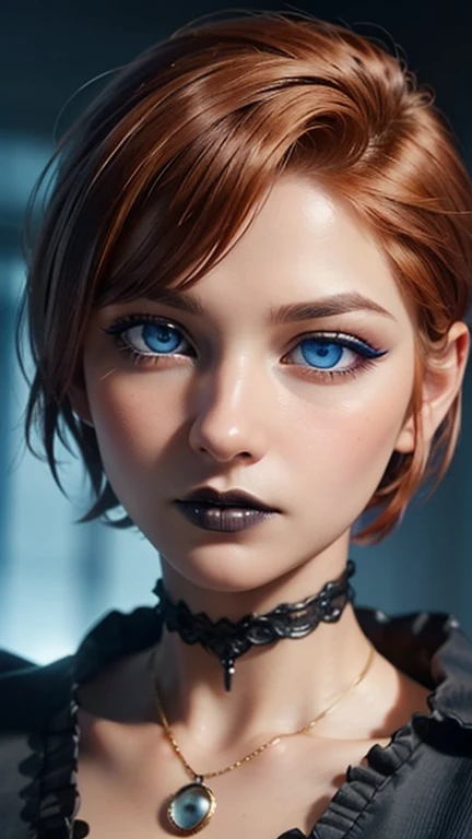 ((Best Quality: 1.5)) ((Masterpiece: 0.8)), intricate details, sharp focus, professional, real life, realistic facial representation, dim volumetric lighting, dynamic pose, in the style of the realistic and hyper-detailed representations BREAK (detailed 30 year old android woman, (((opaque gothic eye makeup, portrait) ice blue eyes, short ginger hair, shaved sides), determined expression)), photorealistic, Hyper realistic, 8k