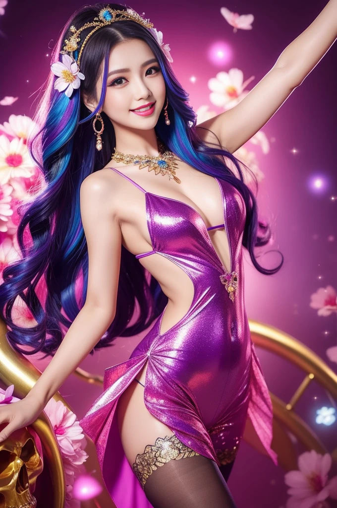 sexy Thai model who controls poison、beautiful smile、lip-gloss、bold lipstick、long lashes、colorful metallic makeup、look at the camera、full body Esbian、、sparkling poisoned flower costume、、、、sparkling Colorful hair、secrete poison、skull hair accessories、sexy tights、shiny sparkling flowers background