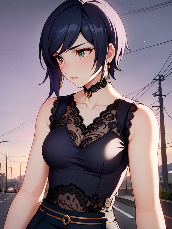 Photo of the upper body of a beautiful woman, fiddling with a mobile phone in the middle of the street, [look through](short lace tank:1.47), natural breasts, Medium breasts, (Slim waist, Perfect body curve), Sergeant, sharp focus, (tall body, Adult woman), ((looking into the distance)), (highly detailed skin, skin pores:1.4)
