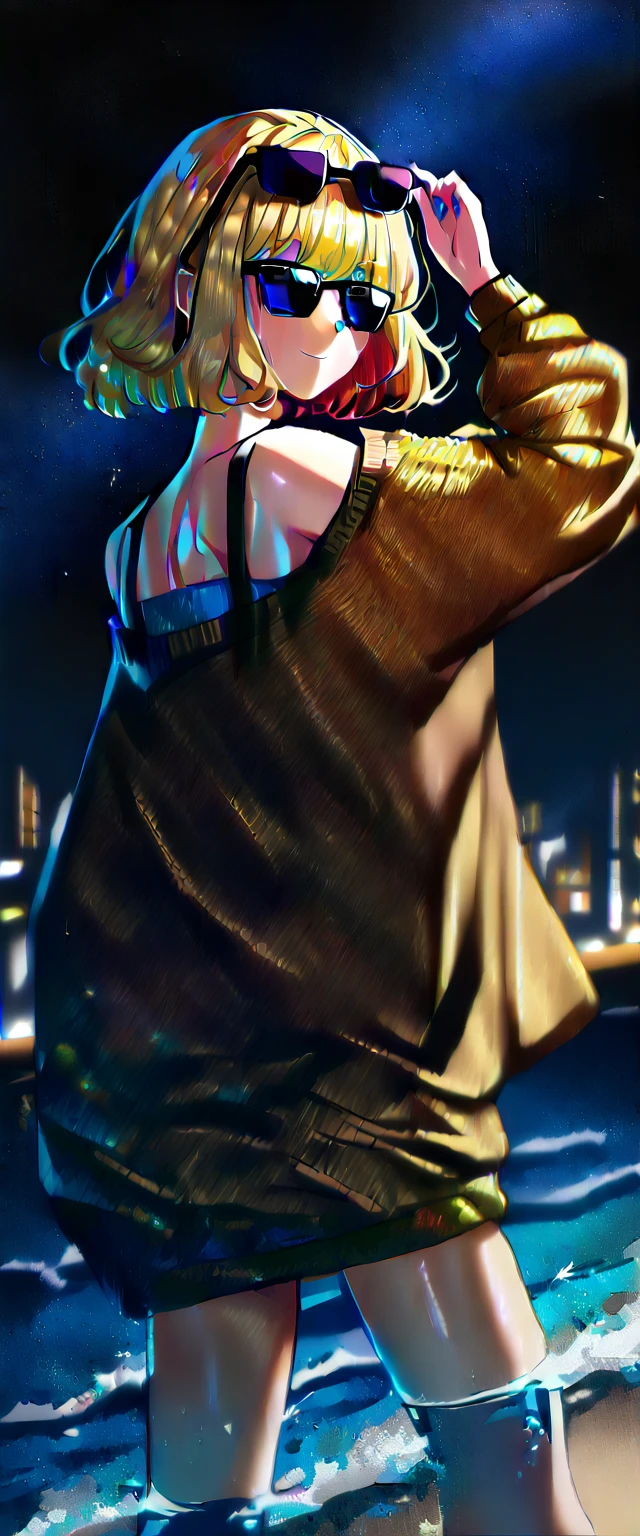 (((a starry sky, the Milky Way shining beautifully in the night))), ((bare legs)), (((sunglasses, hand to sunglasses))), (((long shot))), from behind, ((wavy hair, inward curled hair)), ((sea, beach)), ((blond hair, bob cut:1.3)), breasts, teenager, (looking at viewer), oversized clothes, puffy long sleeves, ((off-shoulder sweater:1.3, Quite thick shoulder straps)), ((black sweater)), collarbone, head tilt:1.3, (((blue eyes))), ((happy smile)), (((anime style))), (best quality, 4K, 8K, highres, masterpiece:1.2, ultra-detailed, ultra-detailed eyes, HDR, uhd, studio lighting, ultra-fine painting, sharp focus, physically-based rendering, extreme detail description, professional, vivid colors, bokeh)