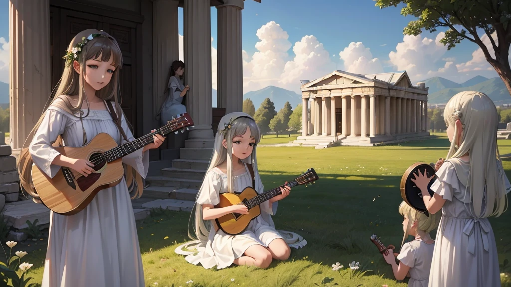 最high quality、high quality、Young Greek God々、Sanctuary Grassland、Long dress、Light-filled、mysterious、Little angels are playing musical instruments here and there、Greek temple in the clouds、Skyline、