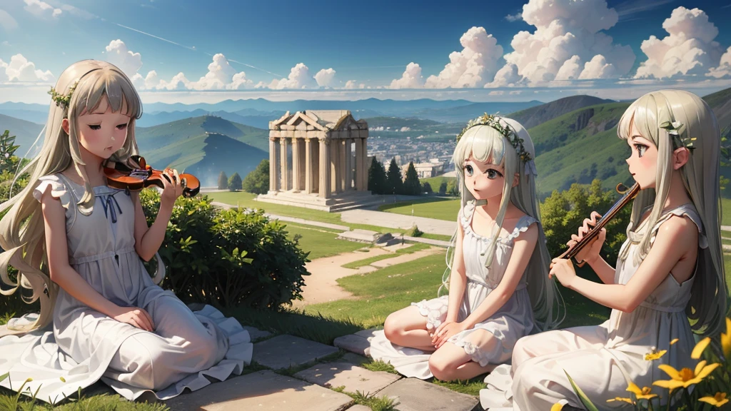 最high quality、high quality、Young Greek God々、Sanctuary Grassland、Long dress、Light-filled、mysterious、Little angels are playing musical instruments here and there、Greek temple in the clouds、Skyline、