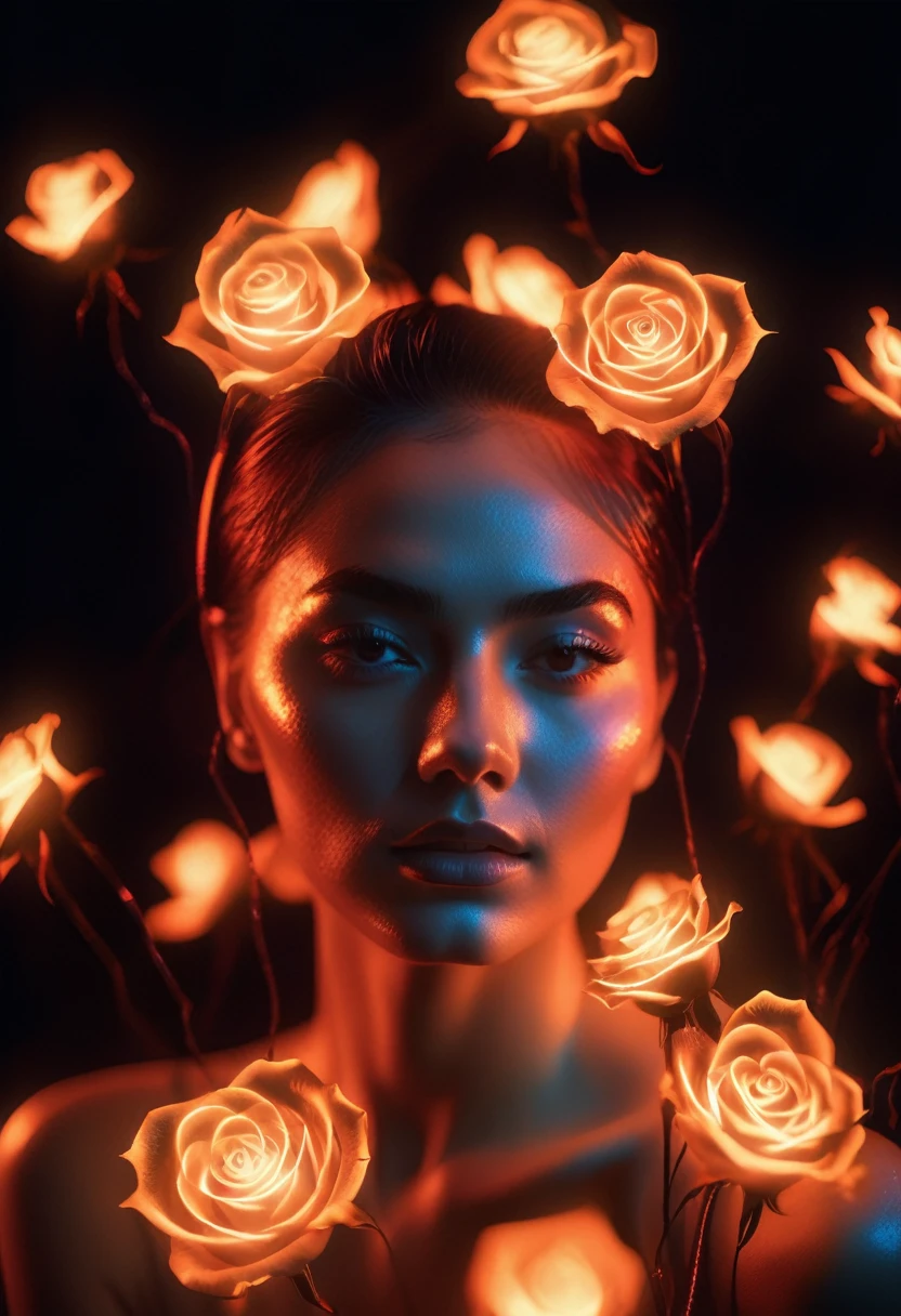 a woman with a neon rose on fire, flawless skin, whimsical photography style, photo captured by an Arriflex 35BL camera using Canon K25 prime lenses, cinematic, dramatic lighting, ultra clear, breathtaking surreal masterpiece. sensual pose