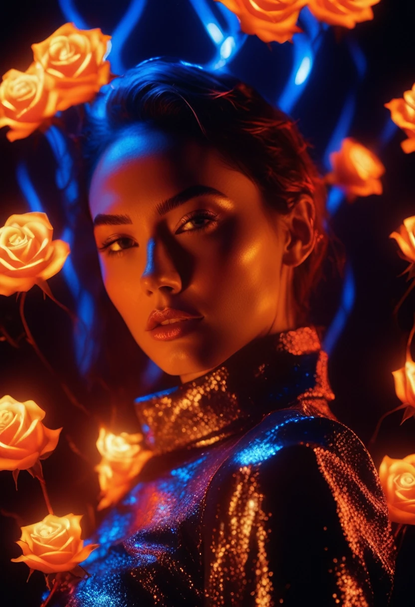 a woman with a neon rose on fire, flawless skin, whimsical photography style, photo captured by an Arriflex 35BL camera using Canon K25 prime lenses, cinematic, dramatic lighting, ultra clear, breathtaking surreal masterpiece. sensual pose