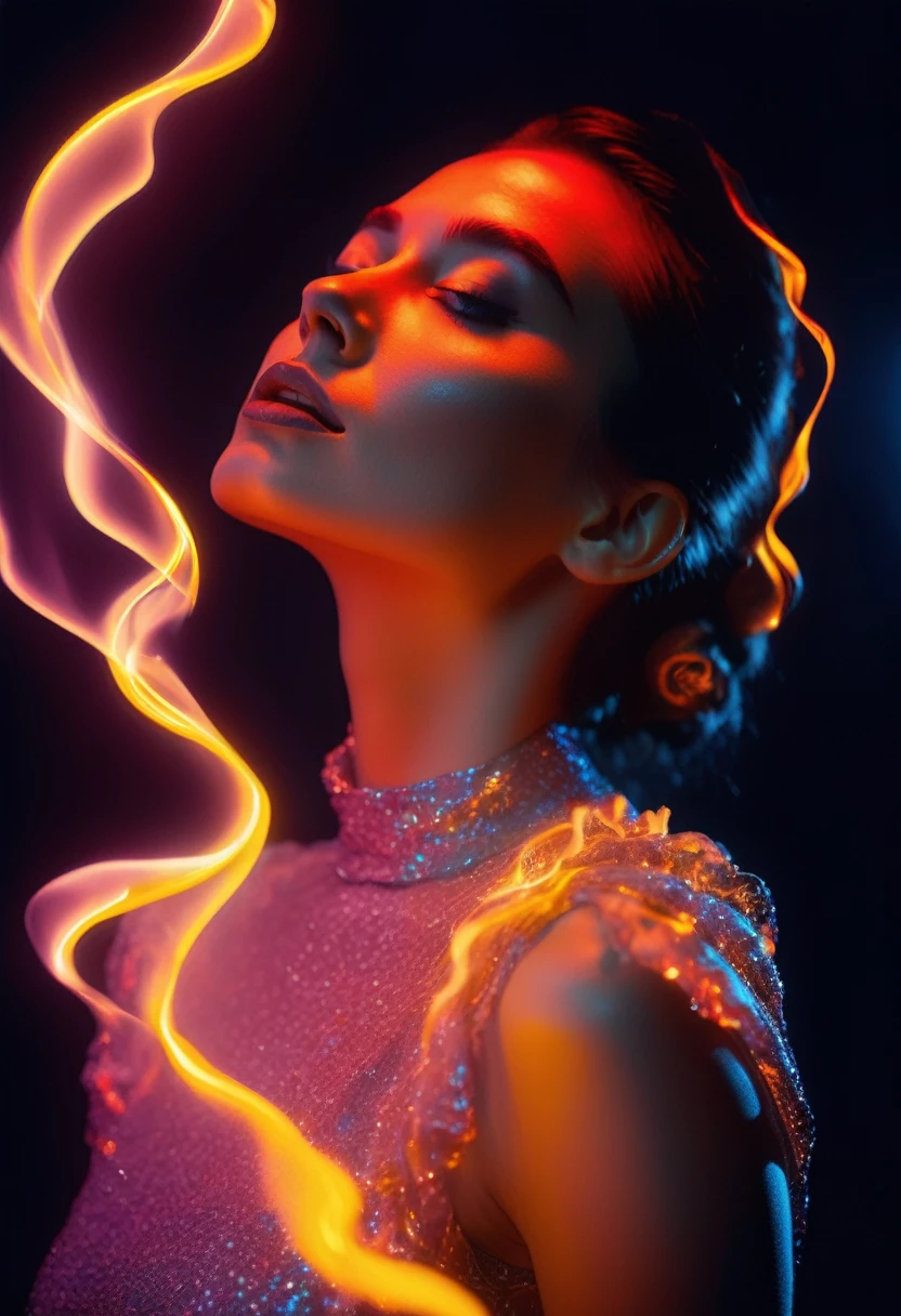a woman with a neon rose on fire, flawless skin, whimsical photography style, photo captured by an Arriflex 35BL camera using Canon K25 prime lenses, cinematic, dramatic lighting, ultra clear, breathtaking surreal masterpiece. sensual pose