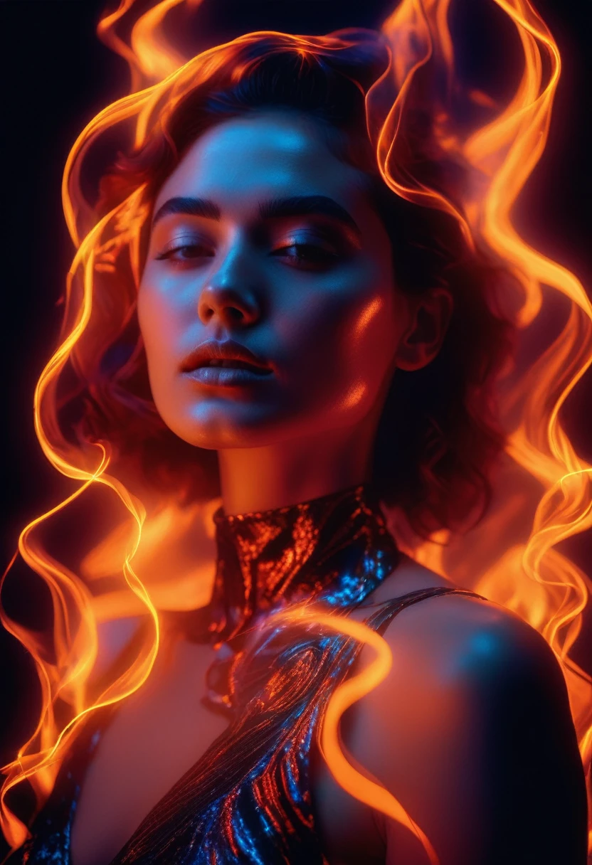 a woman with a neon rose on fire, flawless skin, whimsical photography style, photo captured by an Arriflex 35BL camera using Canon K25 prime lenses, cinematic, dramatic lighting, ultra clear, breathtaking surreal masterpiece. sensual pose