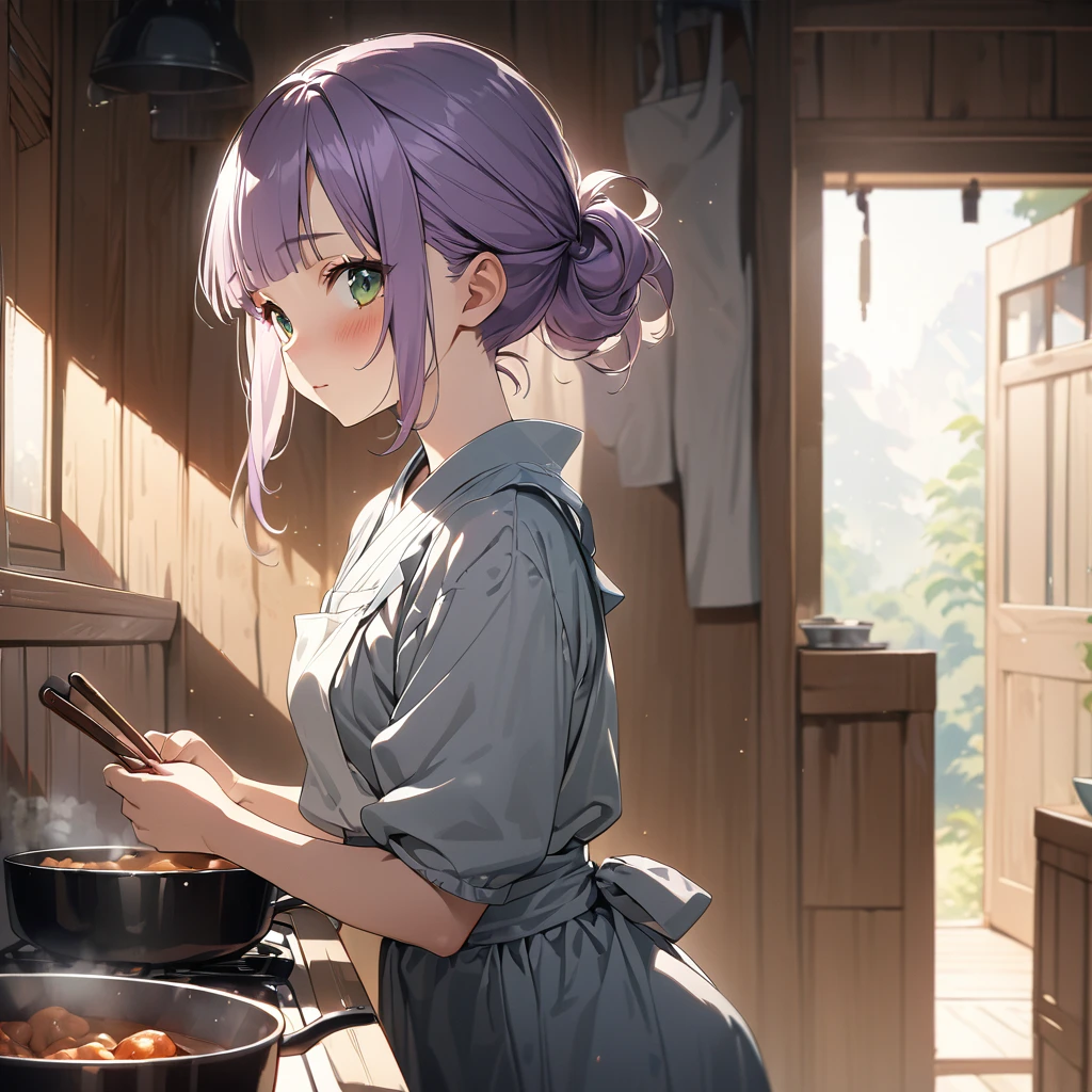 masterpiece, ultra detailed, 8K, a girl, kawaii, light atmosphere, (Cute a tsundere girl:1.5), anime visual, (tilt head:1.3), extremely delicate face, realistic lighting and shading, (an extremely delicate and beautiful art:1.3), a girl,blush,
from side, cowboy shot, pale purple hair, blunt bangs hair, green eyes, In the kitchen of a Taisho-style Western-style house, a woman is wearing a navy blue japanese kimono, a cooking apron, her hair tied back, look at viewer, a girl is making beef stew in a big stock pot,