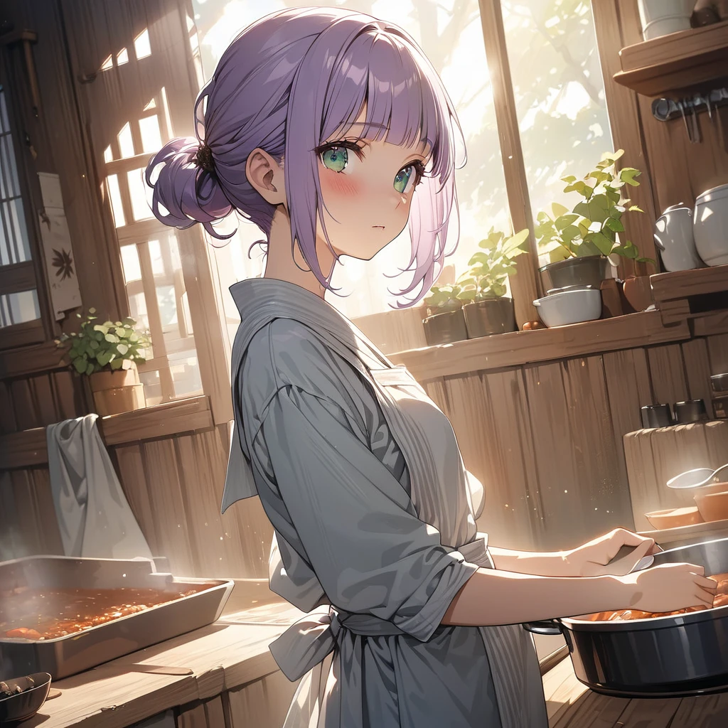 masterpiece, ultra detailed, 8K, a girl, kawaii, light atmosphere, (Cute a tsundere girl:1.5), anime visual, (tilt head:1.3), extremely delicate face, realistic lighting and shading, (an extremely delicate and beautiful art:1.3), a girl,blush,
from side, cowboy shot, pale purple hair, blunt bangs hair, green eyes, In the kitchen of a Taisho-style Western-style house, a woman is wearing a navy blue japanese kimono, a cooking apron, her hair tied back, look at viewer, a girl is making beef stew in a big stock pot,