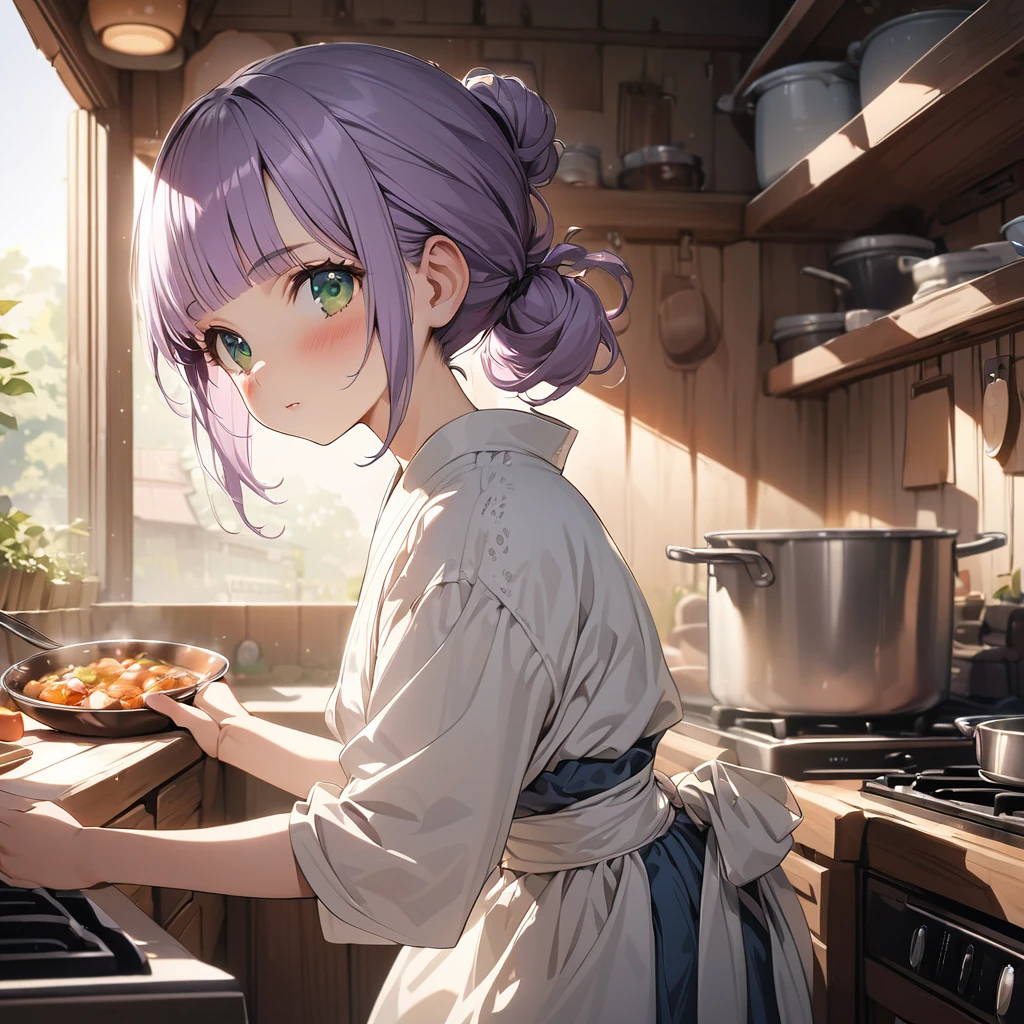 masterpiece, ultra detailed, 8K, a girl, kawaii, light atmosphere, (Cute a tsundere girl:1.5), anime visual, (tilt head:1.3), extremely delicate face, realistic lighting and shading, (an extremely delicate and beautiful art:1.3), a girl,blush,
from side, cowboy shot, pale purple hair, blunt bangs hair, green eyes, In the kitchen of a Taisho-style Western-style house, a woman is wearing a navy blue japanese kimono, a cooking apron, her hair tied back, look at viewer, a girl is making beef stew in a big stock pot,