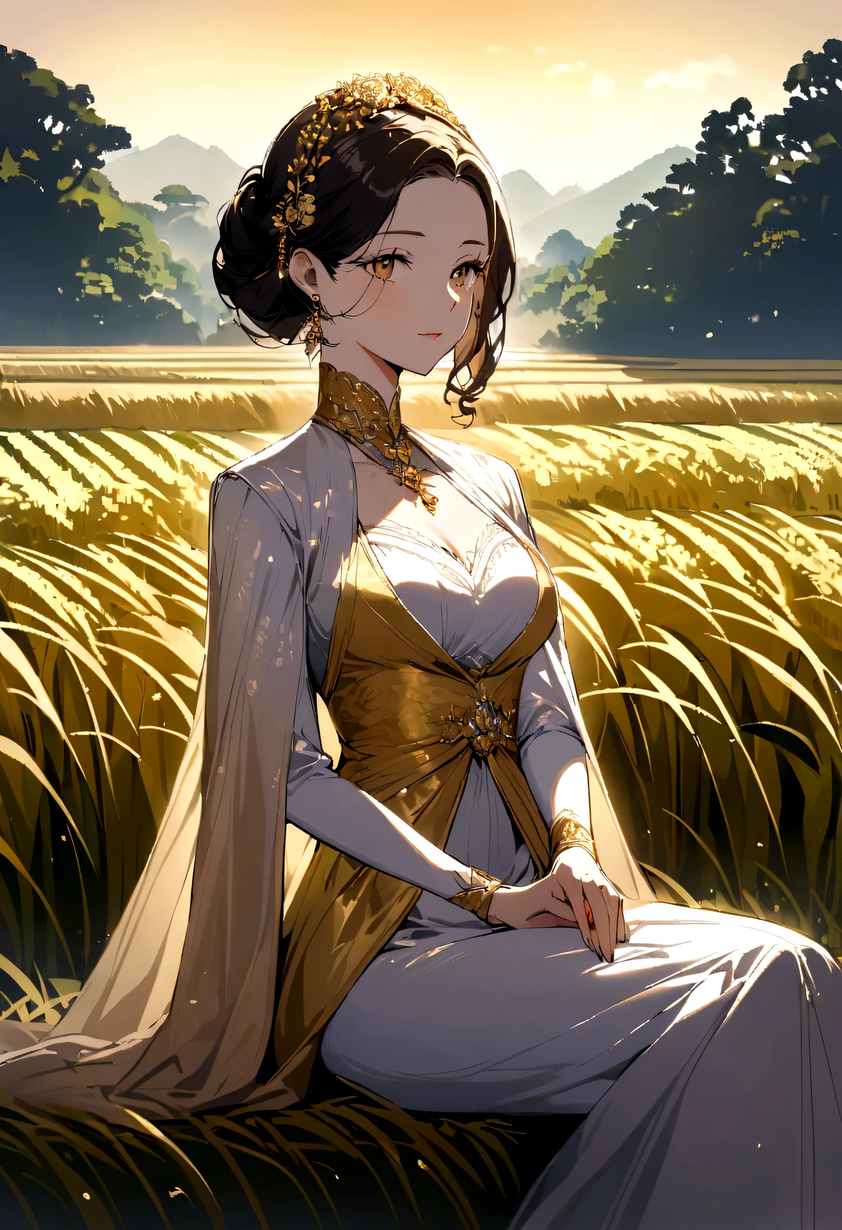 A woman is elegant, beautiful, rich, sitting, straight-faced, behind is a rice field. The color tone of the picture is bright gold.