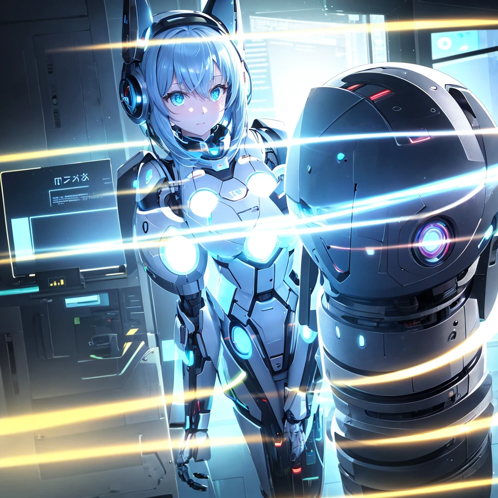 A robot like an anime girl stops in the office and she is charging herself. He faces into a camera and behind her are robots that look like 4K glowing eyes. 