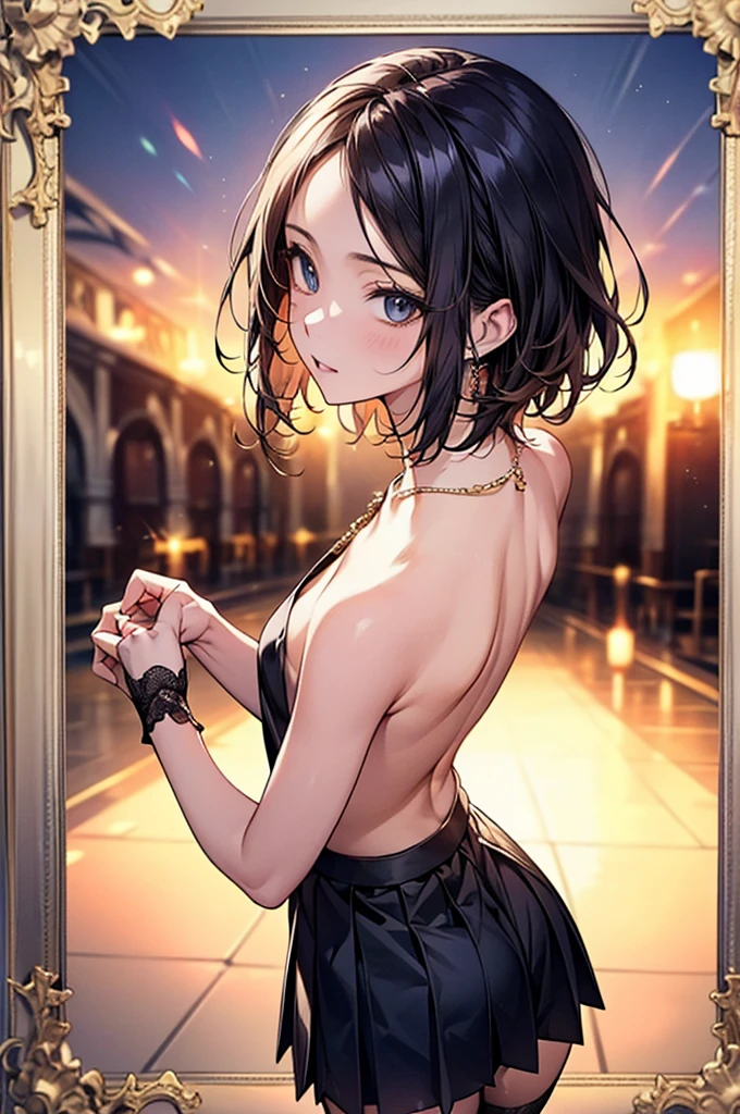 ((Biologically correct limb count))、(( Full-body photo including face))、4K、((Standing position))、masterpiece、((Focus on the face))、((Symmetrical facial features))、Eye for detailed depiction、Beautiful blue-haired woman、Excellent style、Beautiful clavicle、Beautiful feet、Beautiful Hands、Glamorous body、(stockings、garter belt、High heels)、Facial detailing、Small earrings、necklace、(No sleeve、Pleated skirt、Completely )、High heelsに照明を当てる、tie、sunny、(((Photo frame with white border)))、Seductive posture、((Looking up))、(Low - Angle、A camera angle that captures the inside of a skirt from below)、Silk gloves、(((Short Hair)))、(((Moments of ecsta(Looking back))