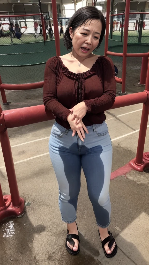 1woman,2kids,fullbody,(masterpiece:1.5),photo-realistic,16k,(beautiful 40s japanese plump lady:1.4),(crowded playground:1.6),(frilled blouse:1.5),(jeans:1.3),(sandals:1.5),(handing on wetting crotch with both hands:1.4),(whimpering:1.6),(panicking:1.6),(crying:1.6),(wetting:1.7),(dripping pee:1.4),brown straight medium hair,black eyes,makeup,lipstick,eyeliner,mascara,eyeshadow