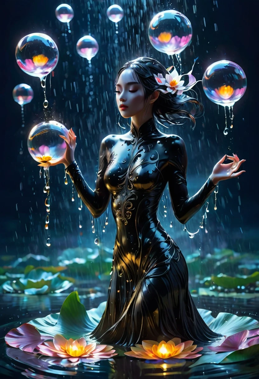 heavy rain,Rain splash,In the middle of the lake, Mysterious female black silhouette in the middle of the night, Surrounded by glowing spheres, Summoners dance to appease the spirits of the dead. Ceremonial canvas clothing. Sensual. Multiple magic arrays. Dynamic dance. Water Lily. Colorful palette.