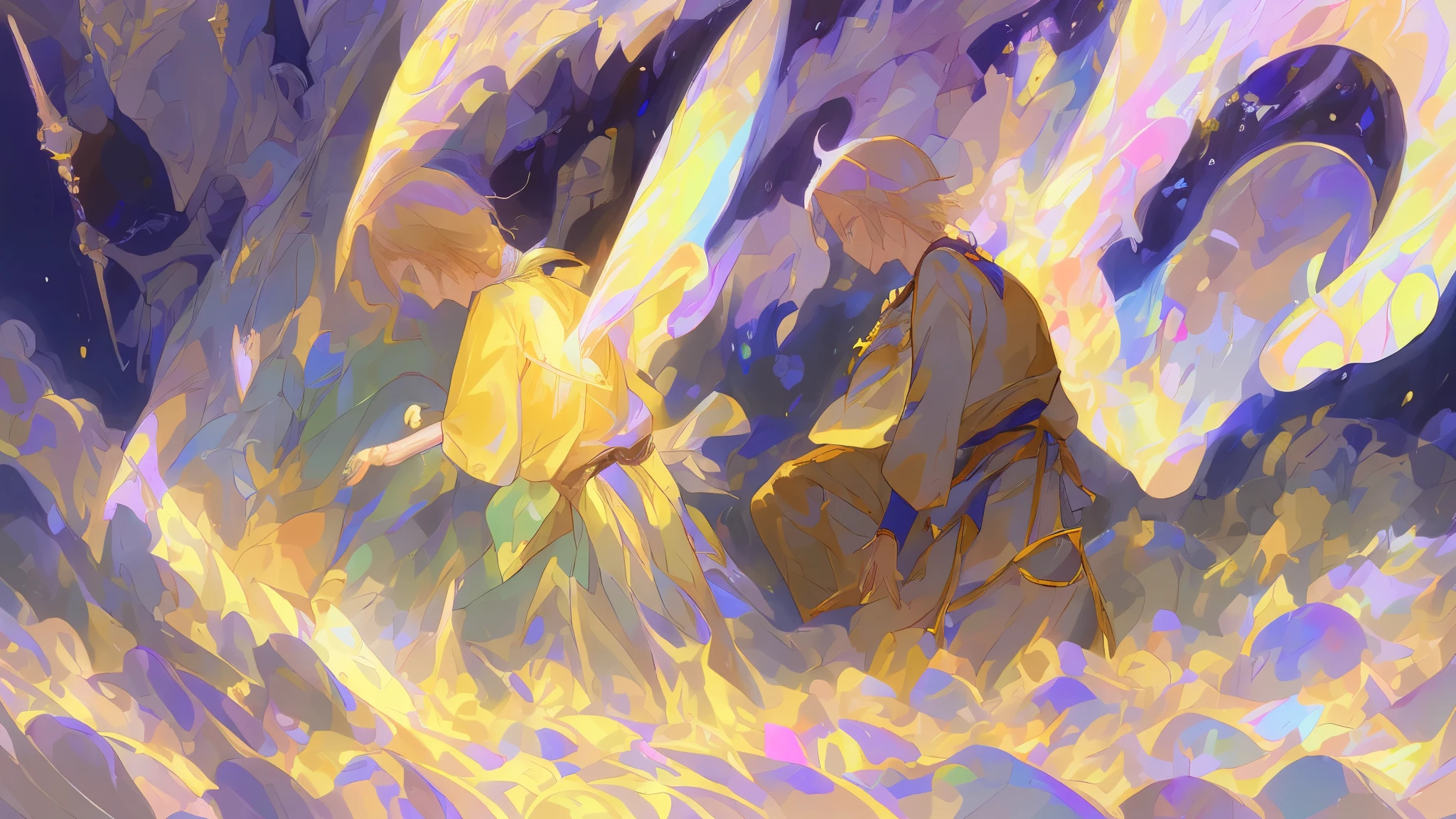 ((8k, masterpiece, high quality)) magazine poster, 1boy,  boy, young male, solo, blonde hair, light yellow hair, shoulder-length hair, blue eyes, expressive eyes, sad expression, white plain shirt, white pants, no shoes, sitting in dungeon room, forearms on knees, wrist and ankle shackles, gray room, monotone room, 3/4 from up view, 3/4 from up angle, watercolor painting, highly detailed, digital photography, artistic germ, Greg Rutkowski's Surrealist Paintings of Golden Butterflies, shattered glass, manga style, manhwa style